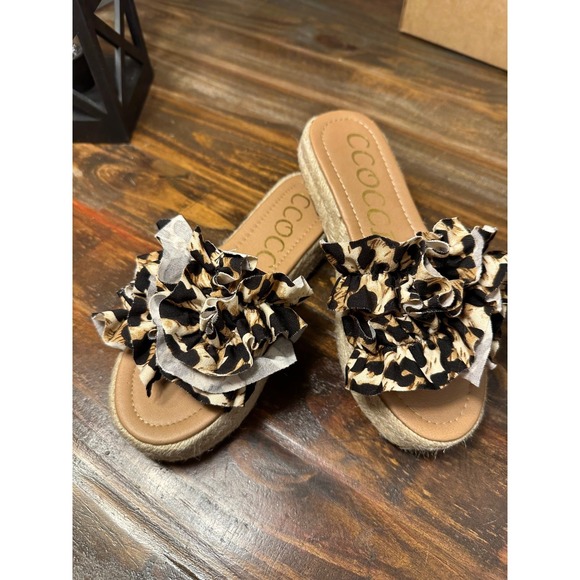 CCOCCI Shoes - CCOCCI‎ Women's Leopard Ruffle Platform Espadrille Slide Sandals Size 7